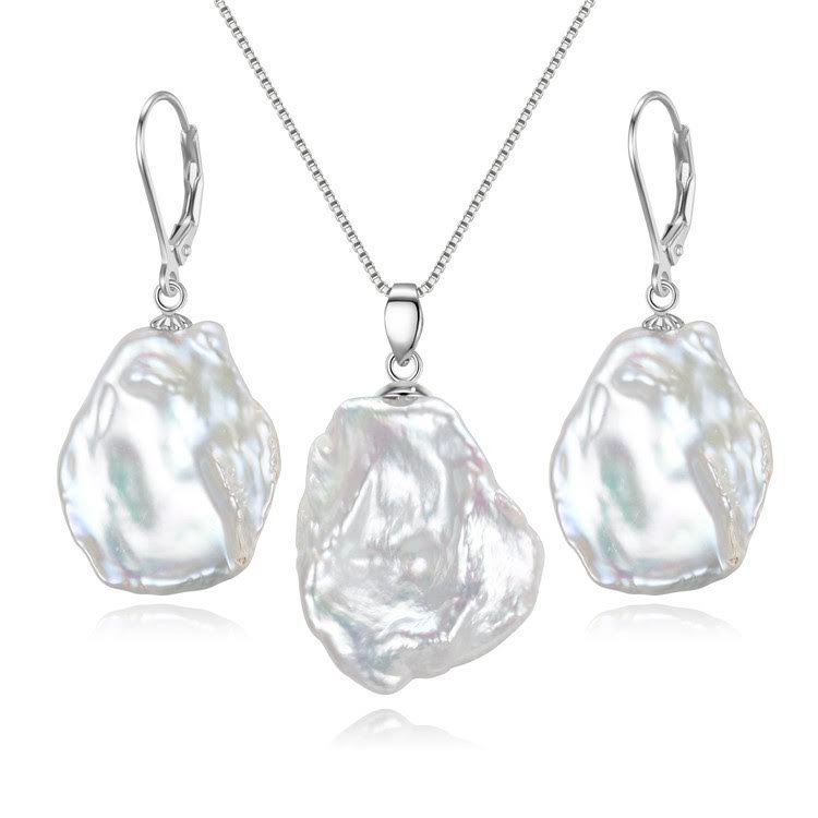 Sterling Silver Keshi Pearl Necklace and Earrings Set