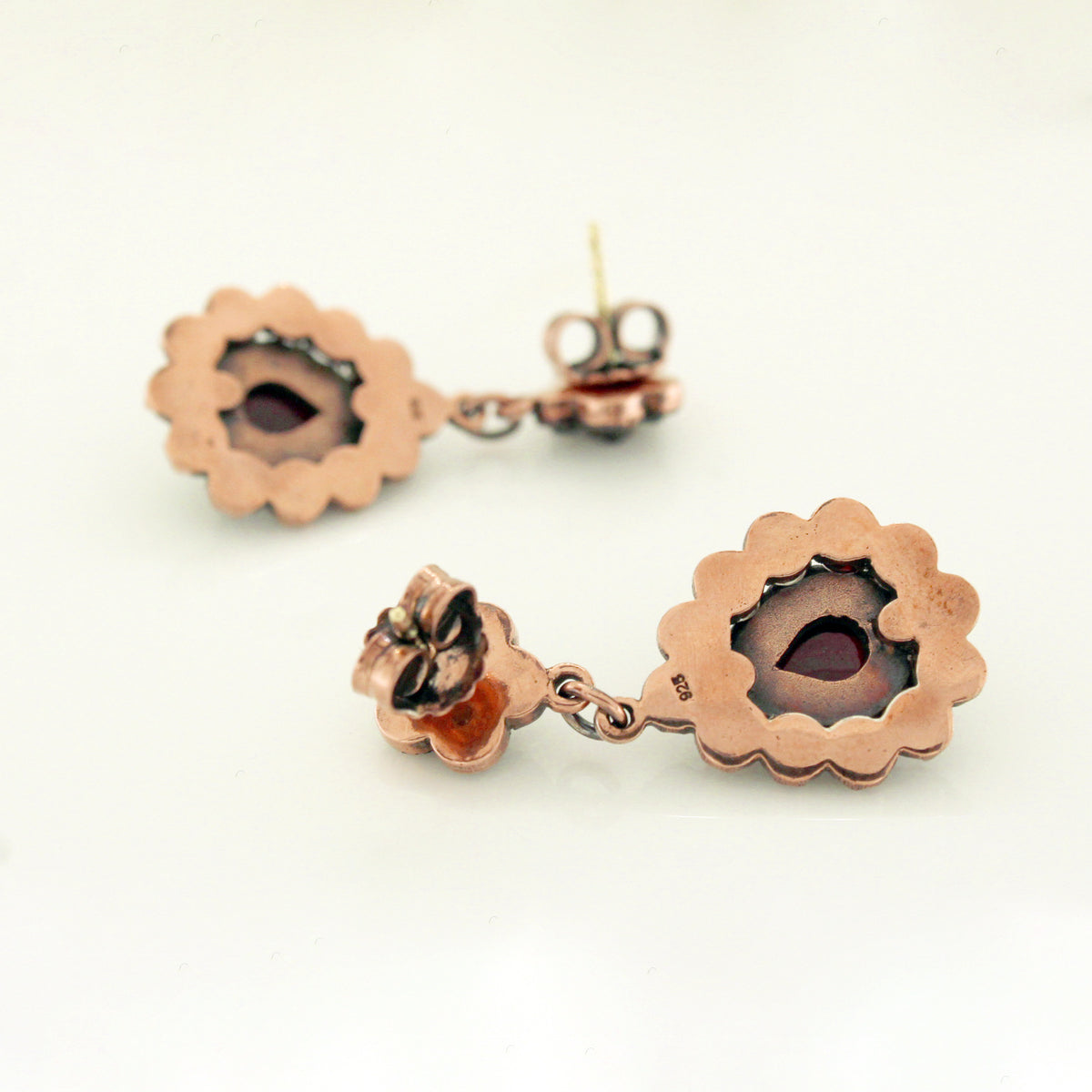 Sterling Silver Rose Gold Plate Garnet Stud Drop Earrings