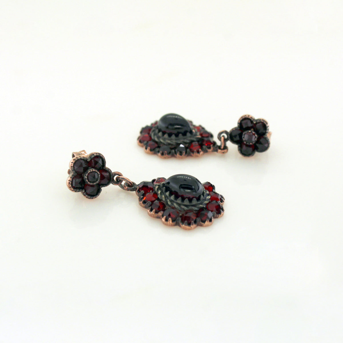 Sterling Silver Rose Gold Plate Garnet Stud Drop Earrings