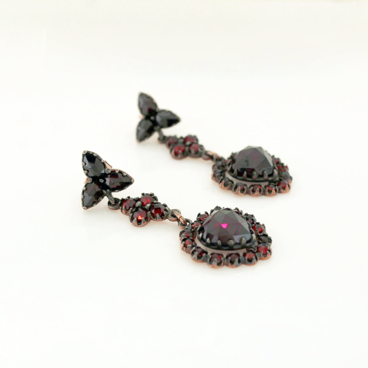 Sterling Silver Rose Gold Plate Garnet Heart Long Stud Drop Earrings