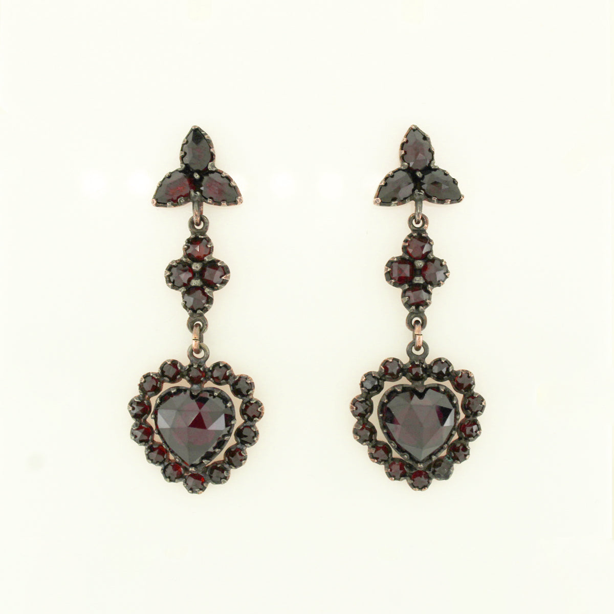 Sterling Silver Rose Gold Plate Garnet Heart Long Stud Drop Earrings