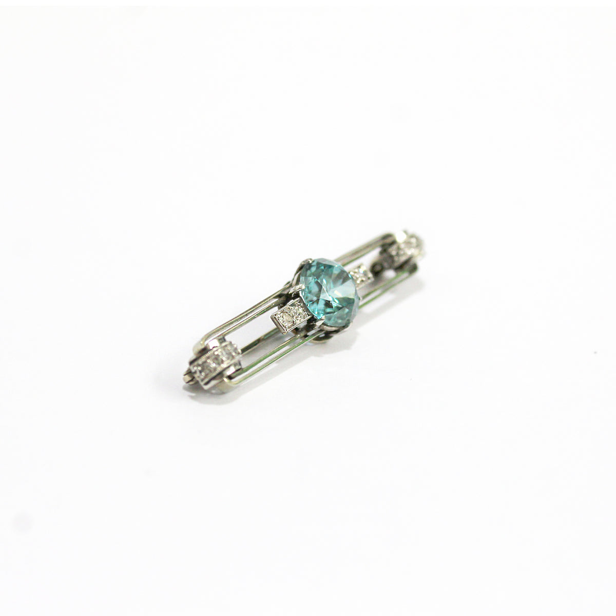 Antique 14ct White Gold Blue Zircon and Diamond Brooch