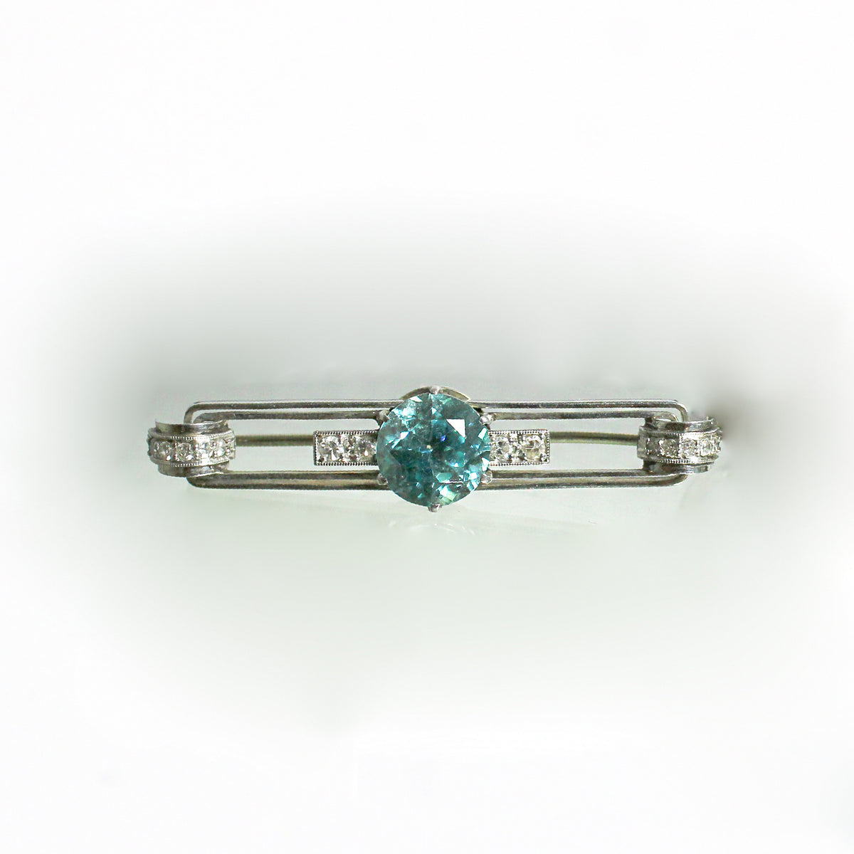 Antique 14ct White Gold Blue Zircon and Diamond Brooch