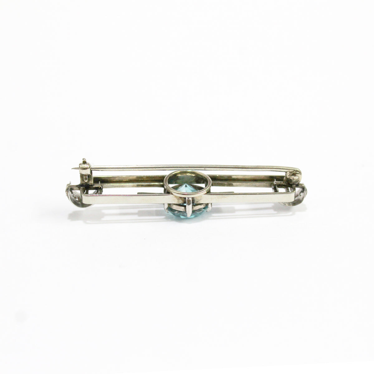 Antique 14ct White Gold Blue Zircon and Diamond Brooch