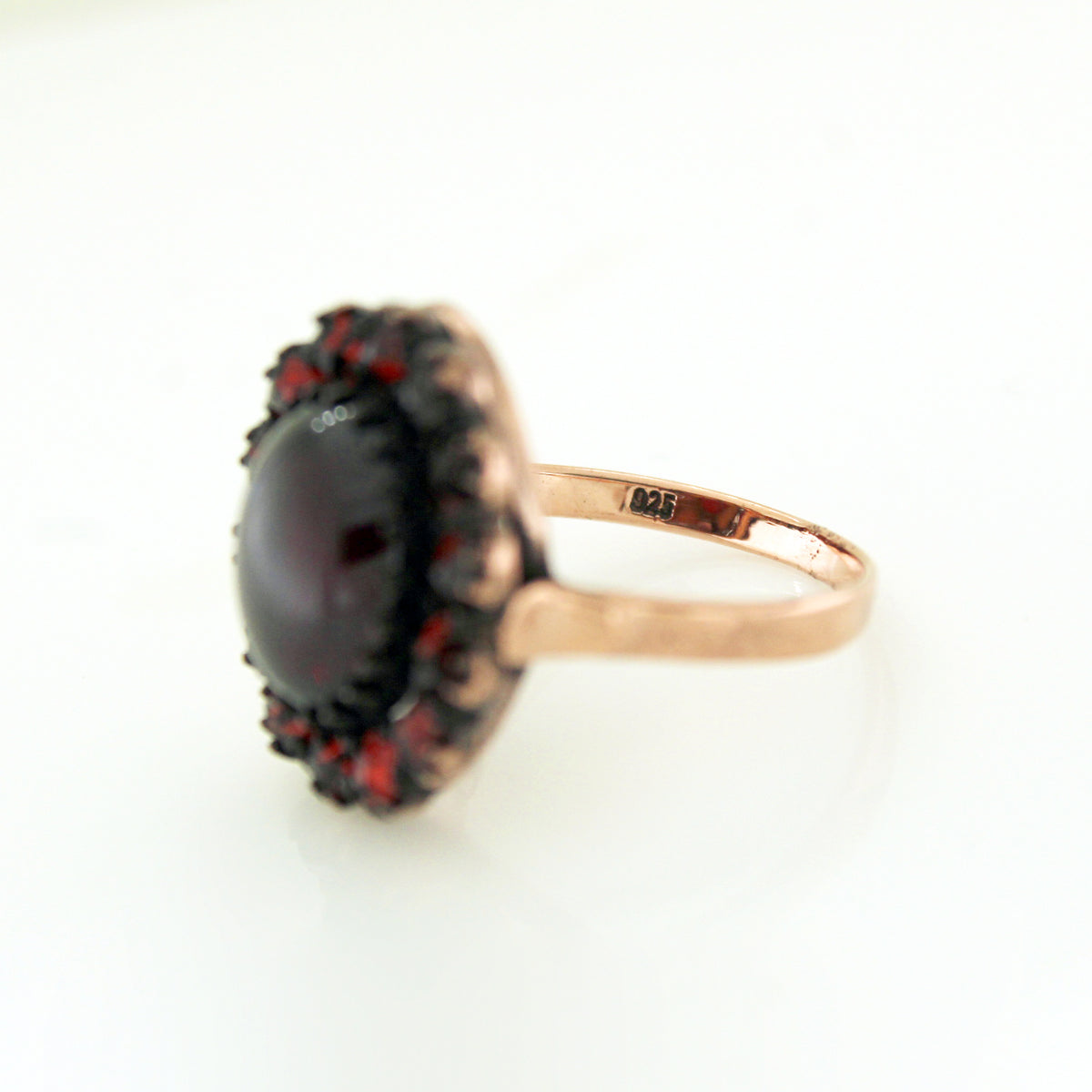 Sterling Silver Rose Gold Plate Cabochon Garnet Cocktail Ring