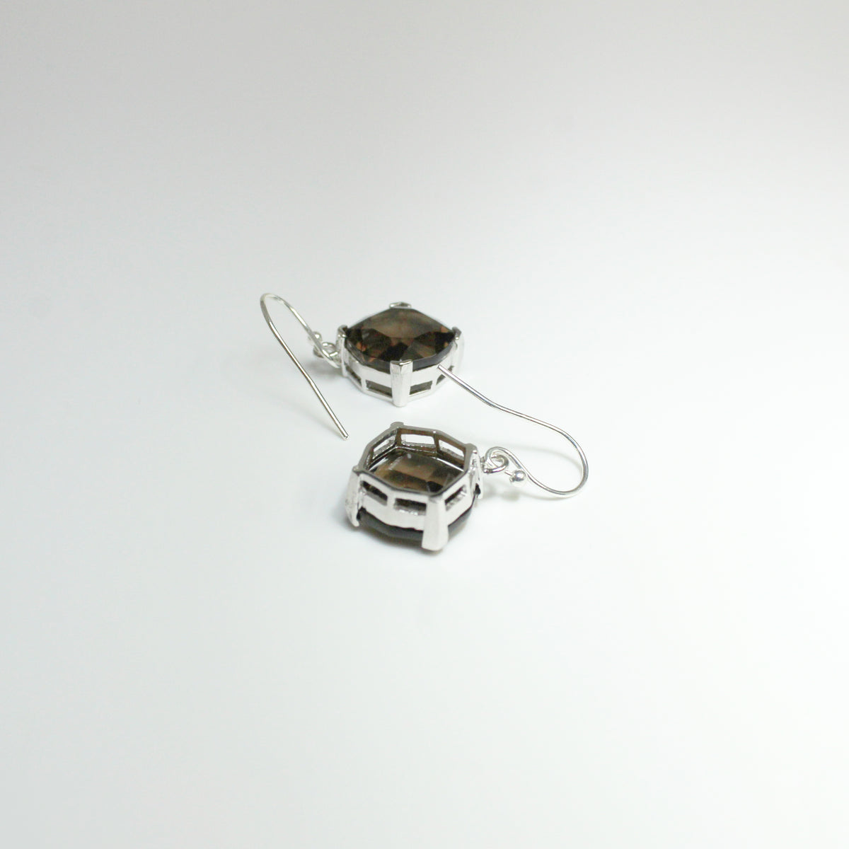 Sterling Silver Octagonal Smokey Quartz Hook Drop Earrings