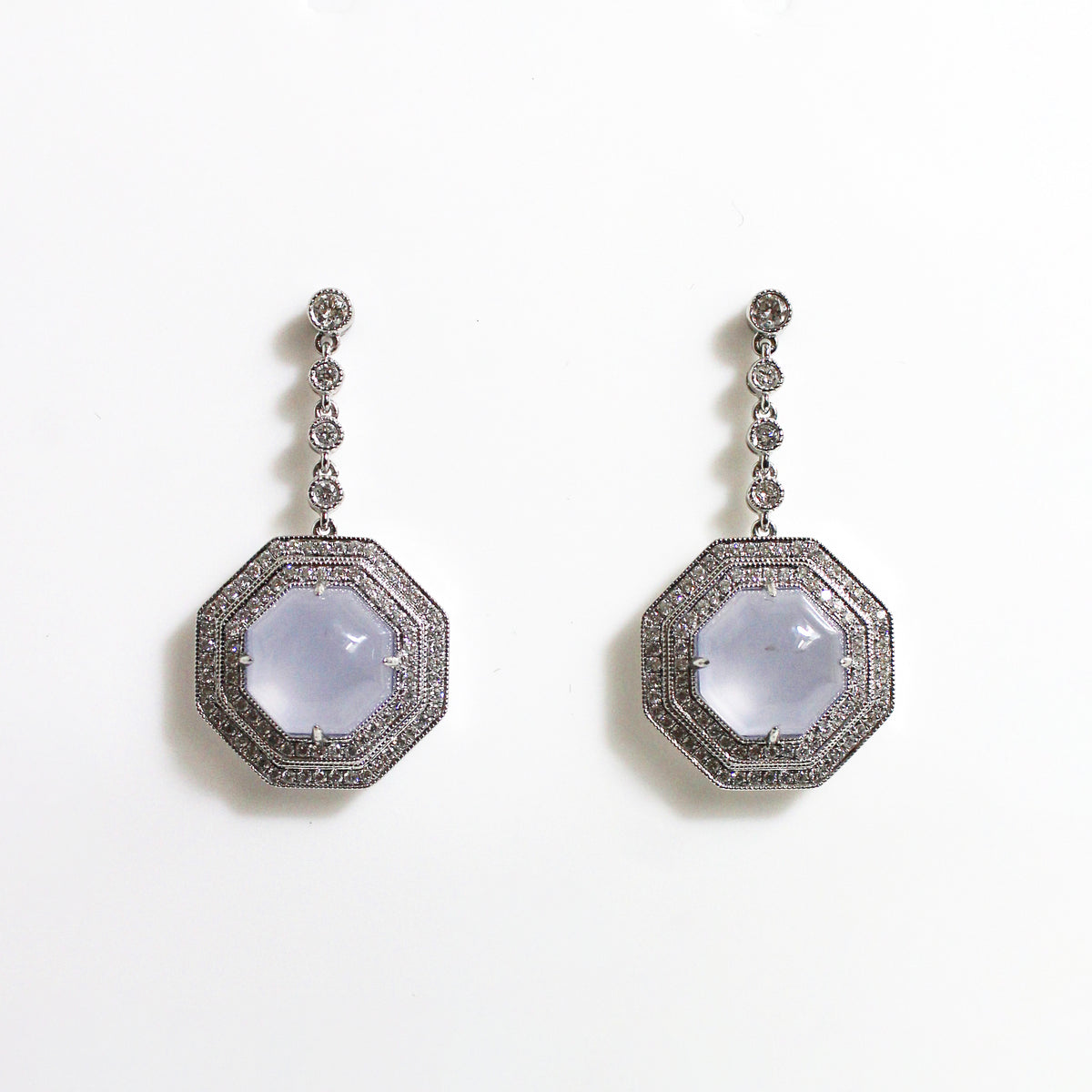 9ct White Gold Lavender Chalcedony and Diamond Stud Drop Earrings