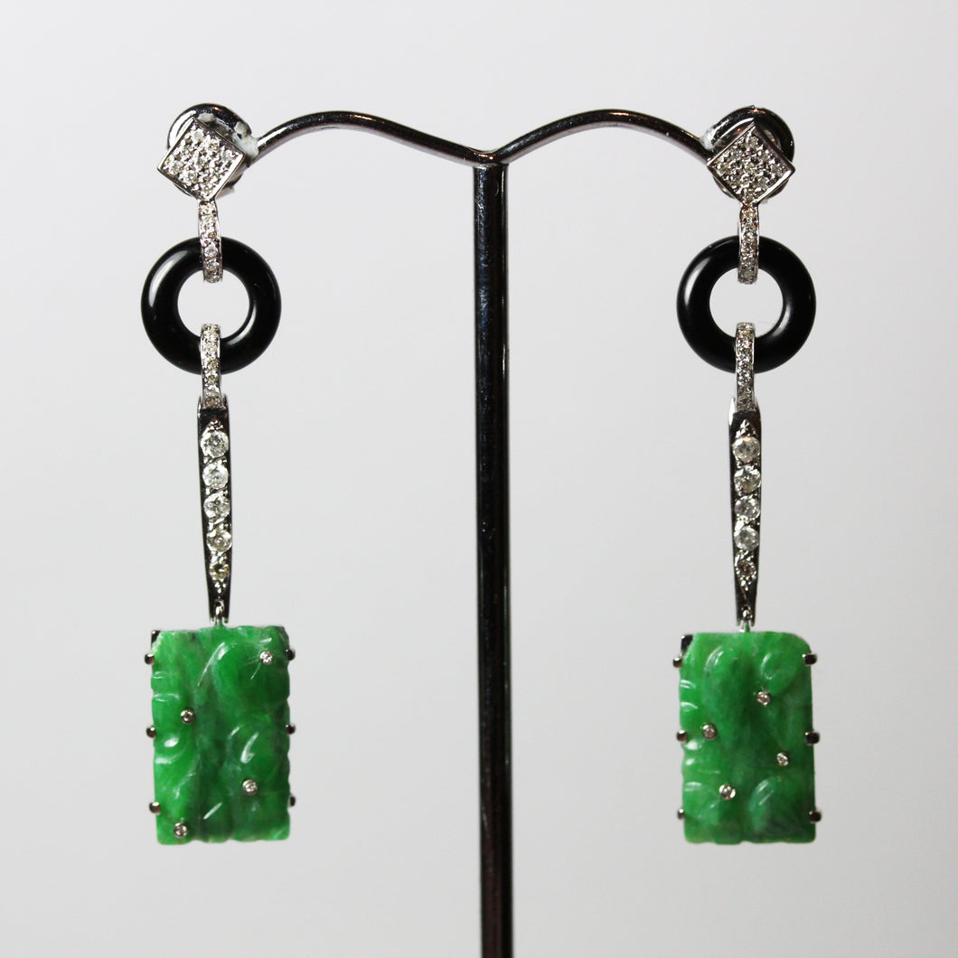 Diamond, Onyx and Carved Jade Earrings