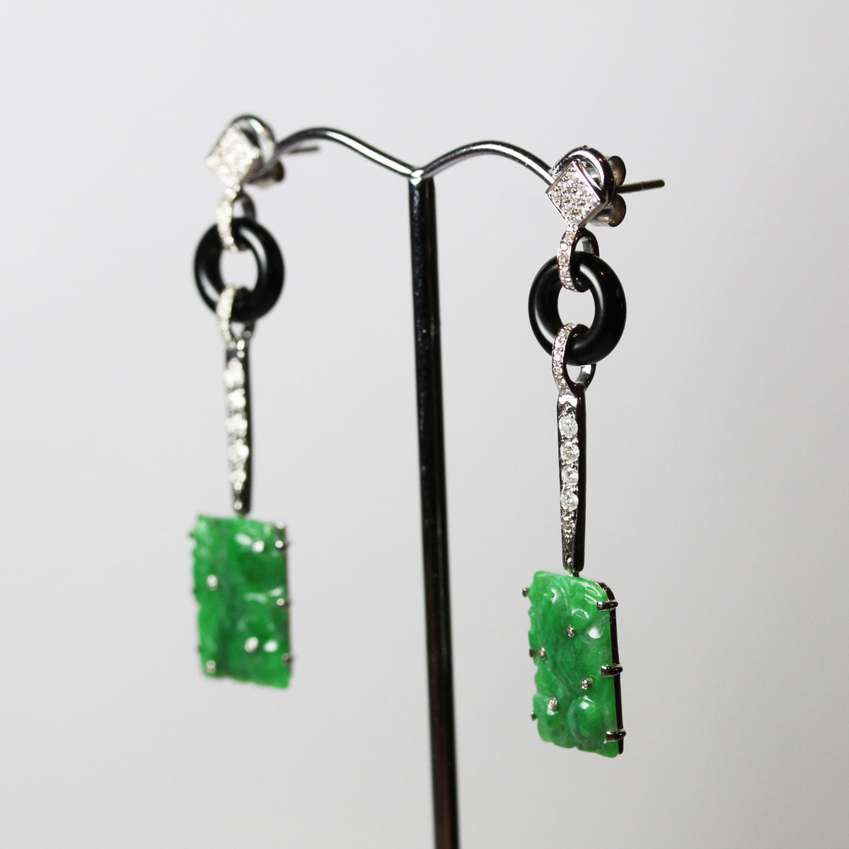 Diamond, Onyx and Carved Jade Earrings