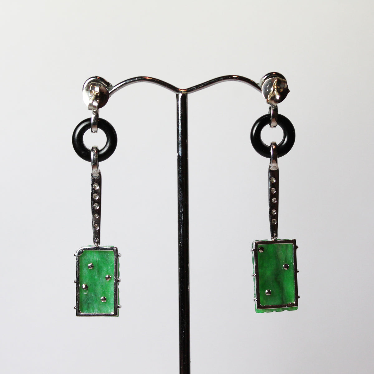 Diamond, Onyx and Carved Jade Earrings