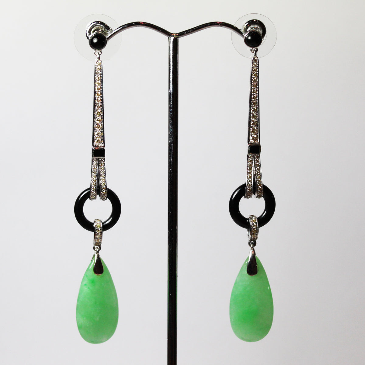 9ct White Gold, Diamond, Onyx and Jade Long Drop Earrings
