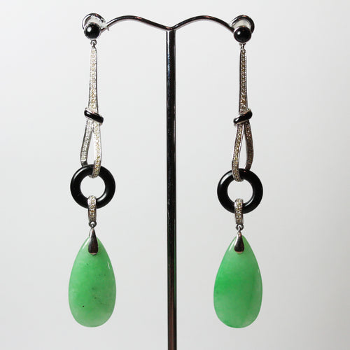 Diamond, Onyx and Jade Curved Long Drop Earrings