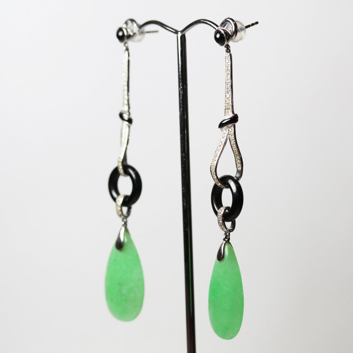 Diamond, Onyx and Jade Curved Long Drop Earrings