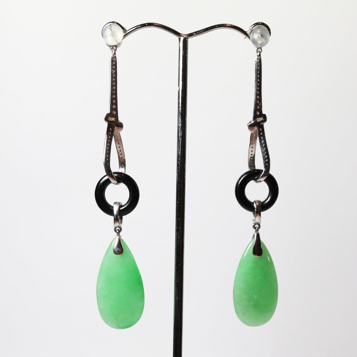 Diamond, Onyx and Jade Curved Long Drop Earrings