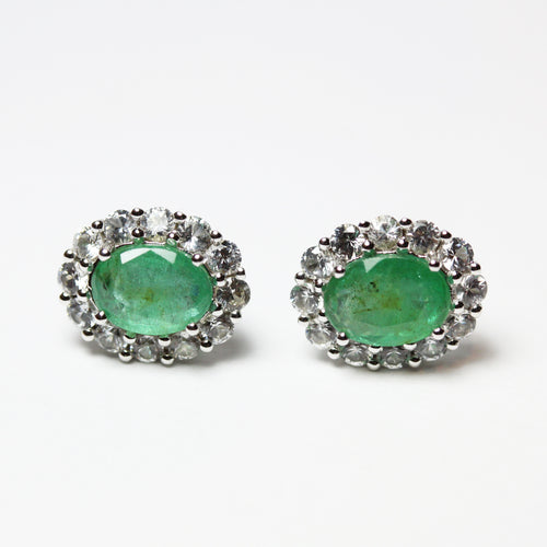 9ct White Gold Emerald and Diamond Stud Earrings