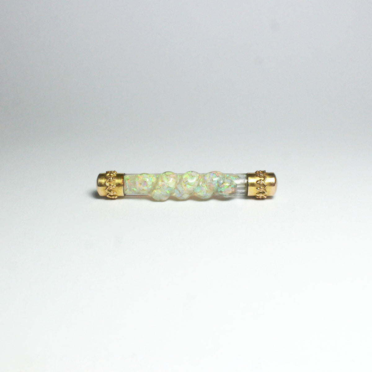 Antique 9ct Yellow Gold Opal Chip Filled Glass Barrel Pin