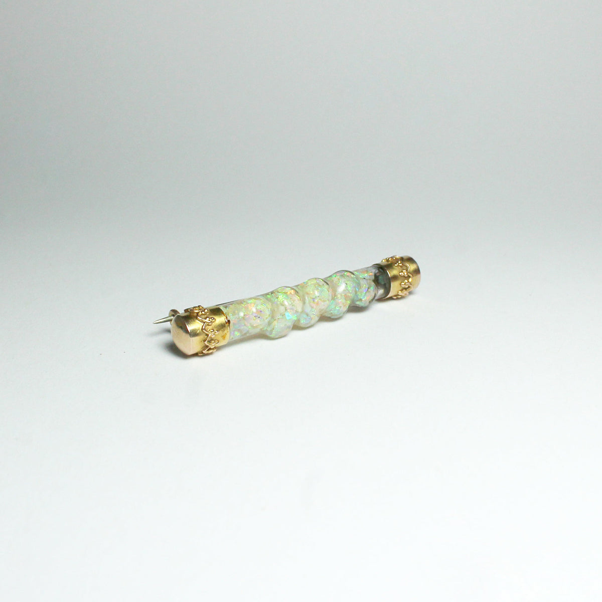 Antique 9ct Yellow Gold Opal Chip Filled Glass Barrel Pin