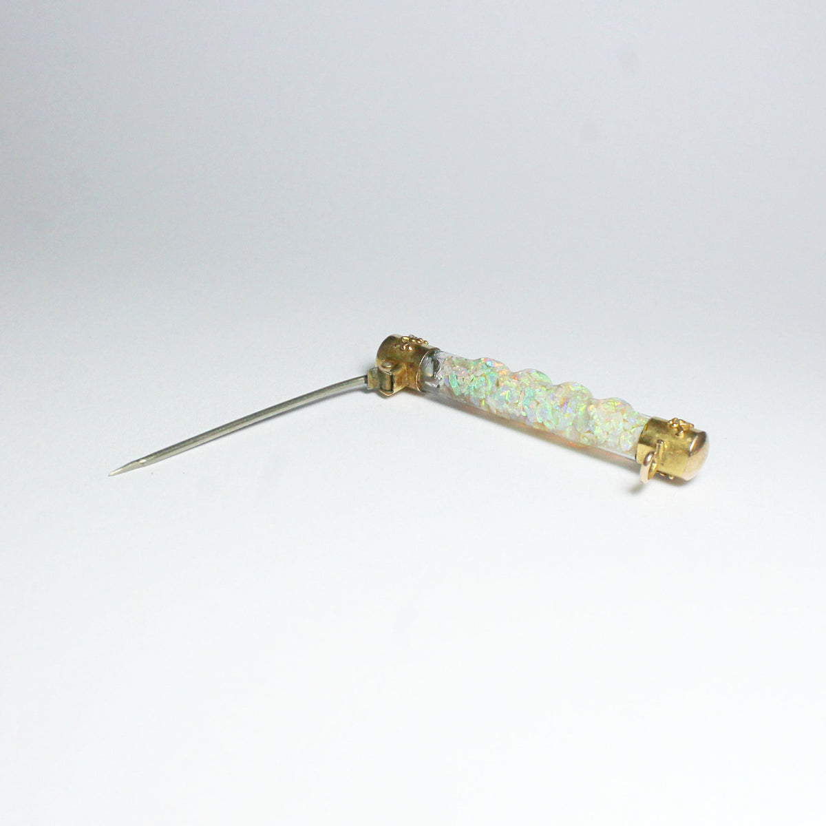 Antique 9ct Yellow Gold Opal Chip Filled Glass Barrel Pin