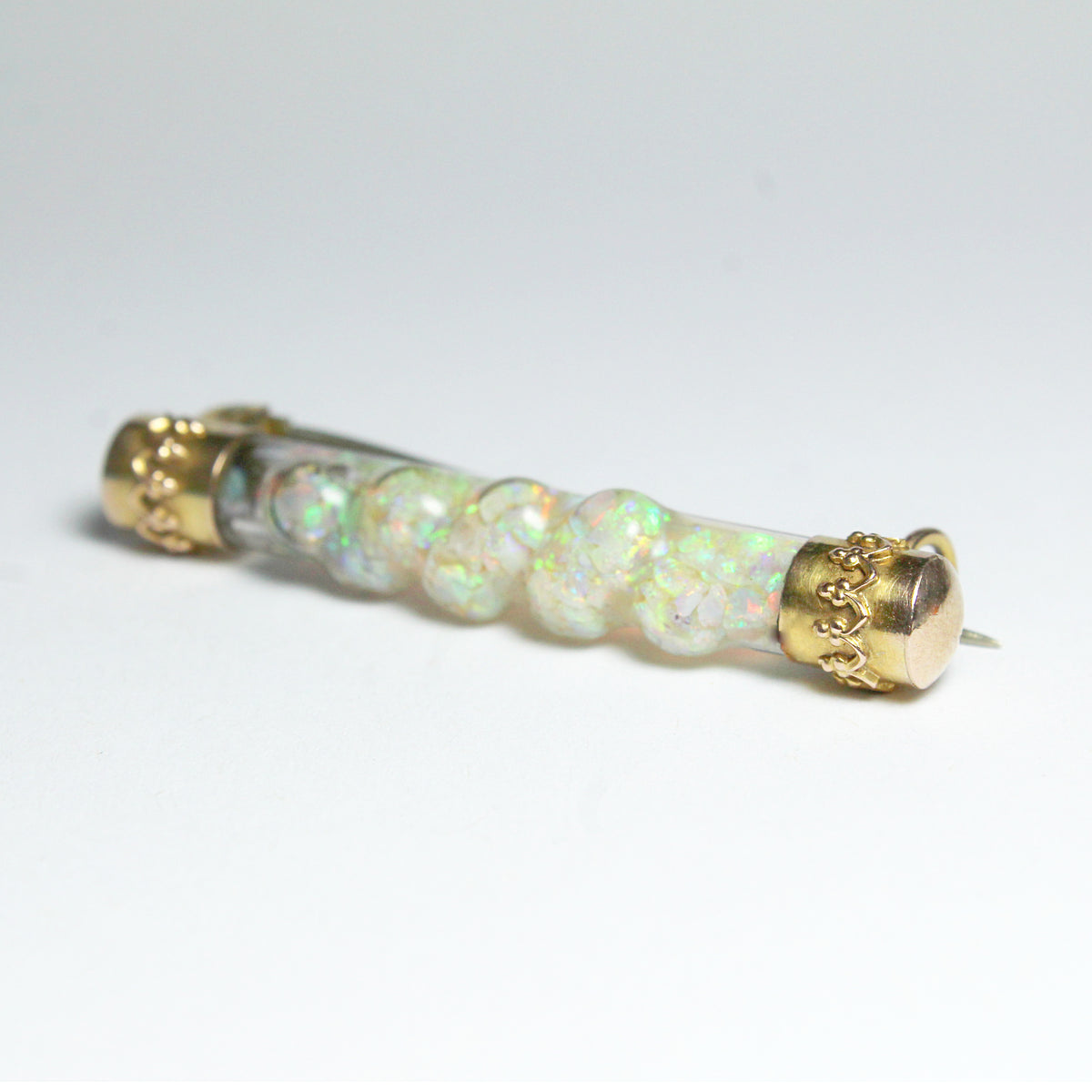Antique 9ct Yellow Gold Opal Chip Filled Glass Barrel Pin