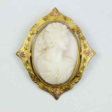 Vintage Ivy Filigree Pink Conch Shell Cameo Brooch