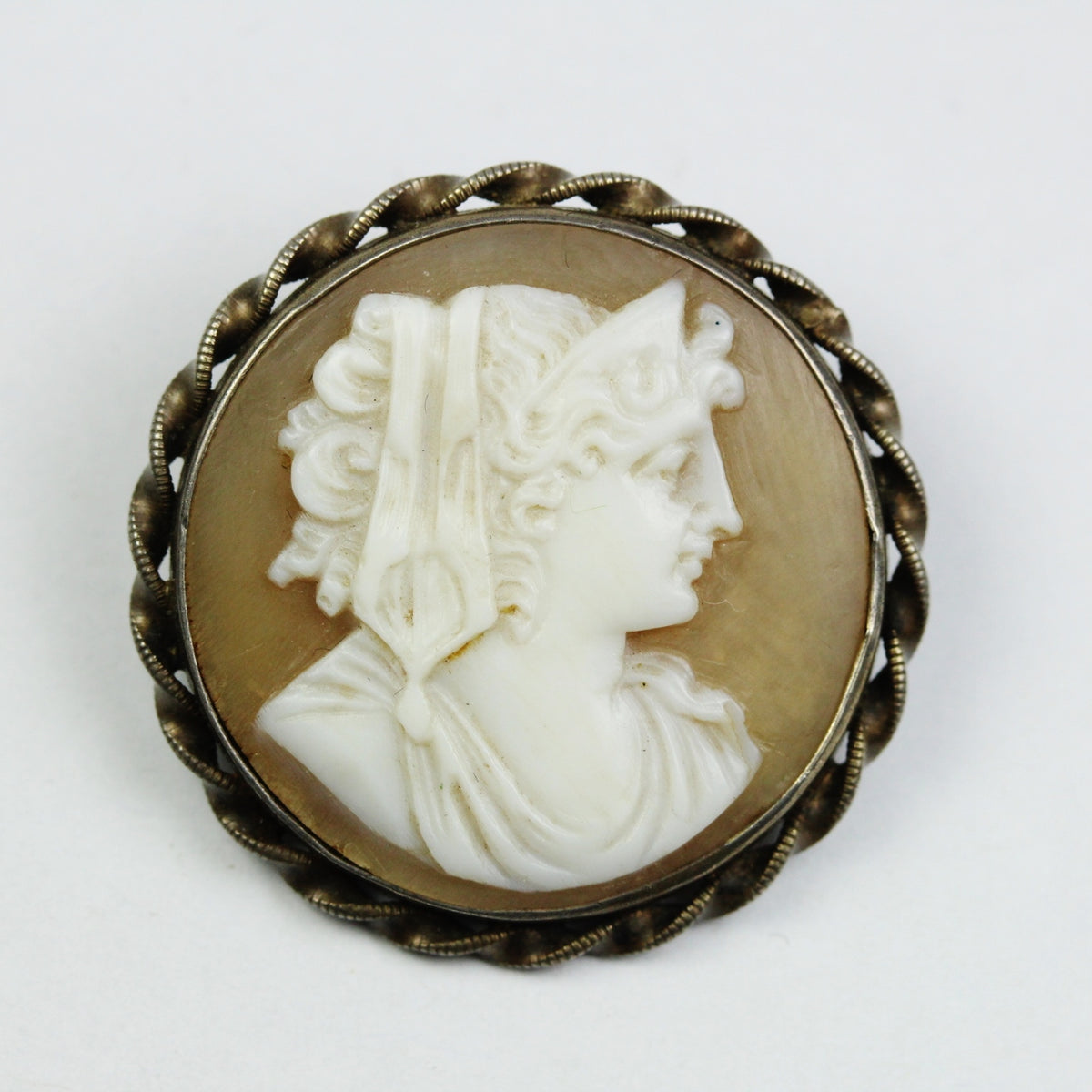 Silver Conch Shell Bezel Set Cameo Brooch