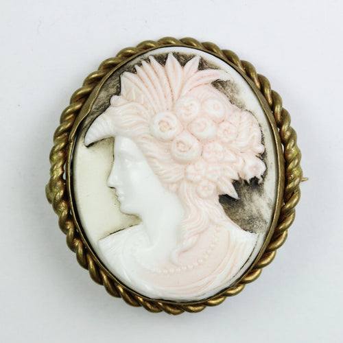 Pink Conch Shel Bezel Set Cameo Brooch