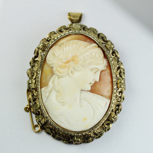 Ornate Conch Shell Bezel Set Cameo Brooch