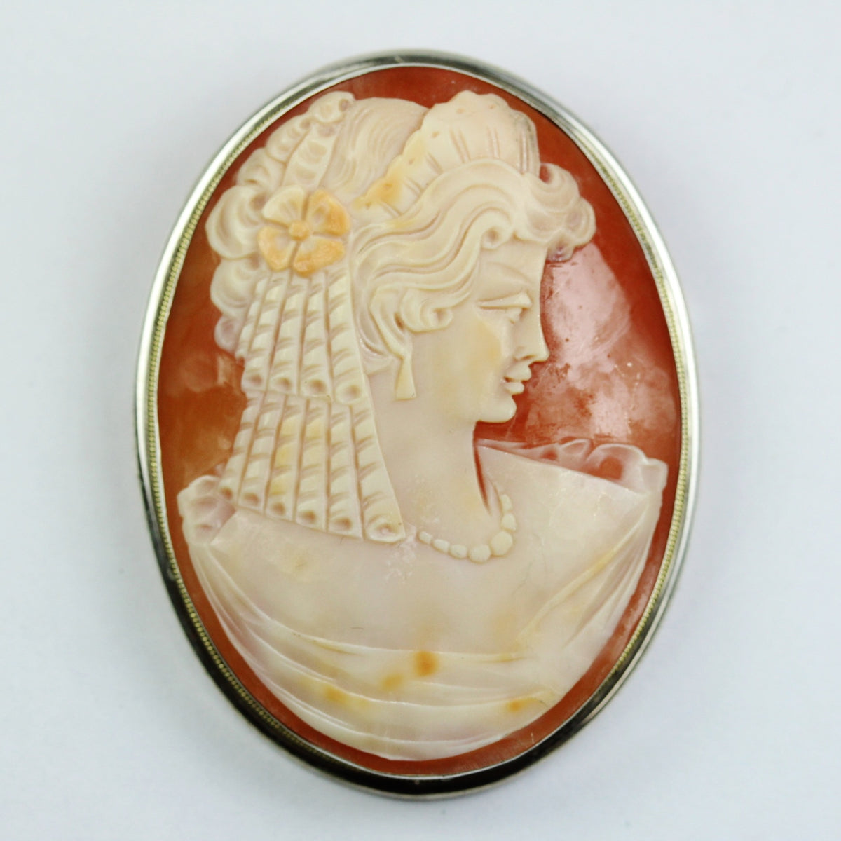 Sterling Silver Conch Shell Bezel Set Cameo Brooch