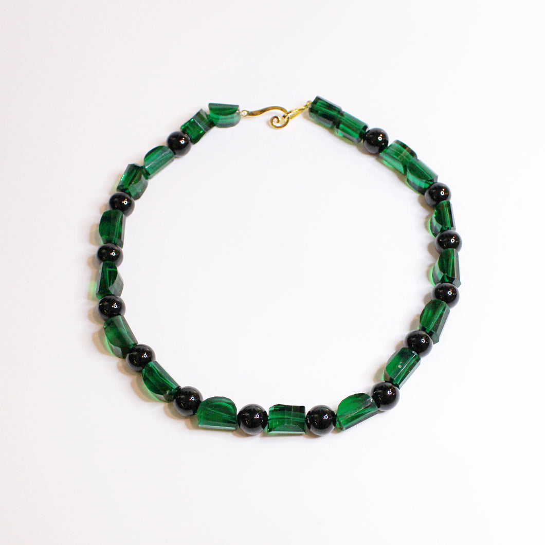 Black Onyx and Green Glass  Beaded Necklace