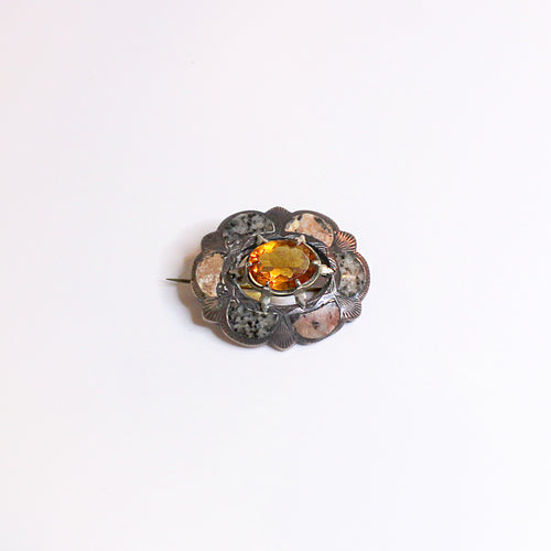 Antique Scottish Sterling Silver Citrine and Agate Brooch