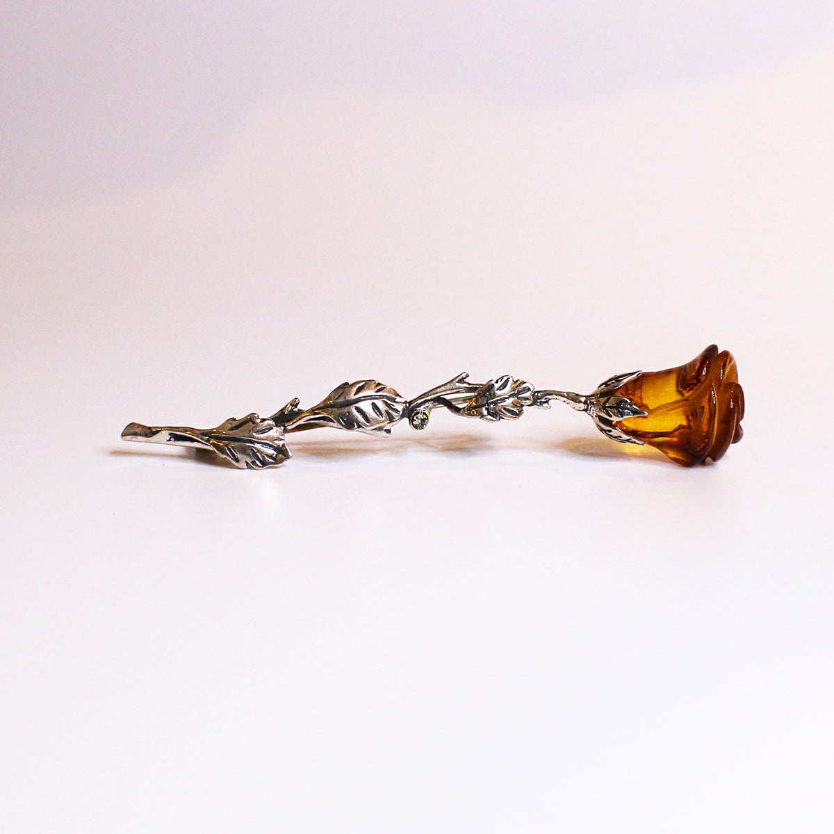 Sterling Silver Carved Amber Rose Brooch