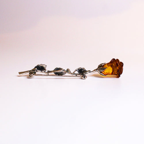 Sterling Silver Carved Amber Rose Brooch