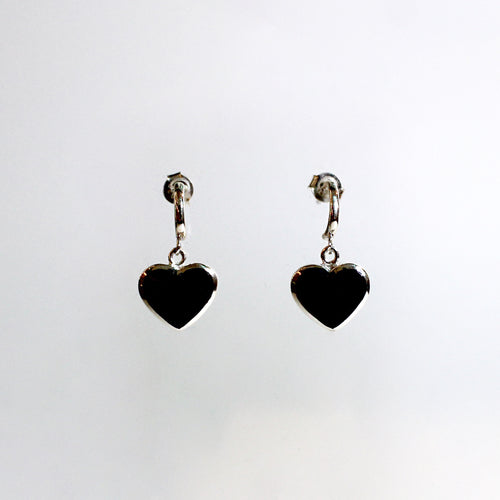 Sterling Silver Black Onyx Heart Drop Stud Earrings