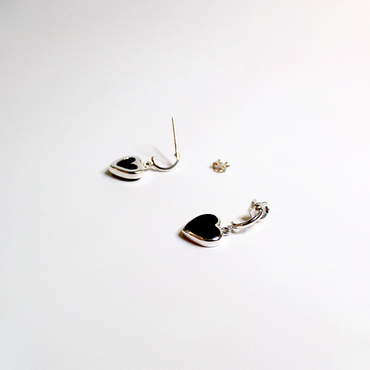 Sterling Silver Black Onyx Heart Drop Stud Earrings