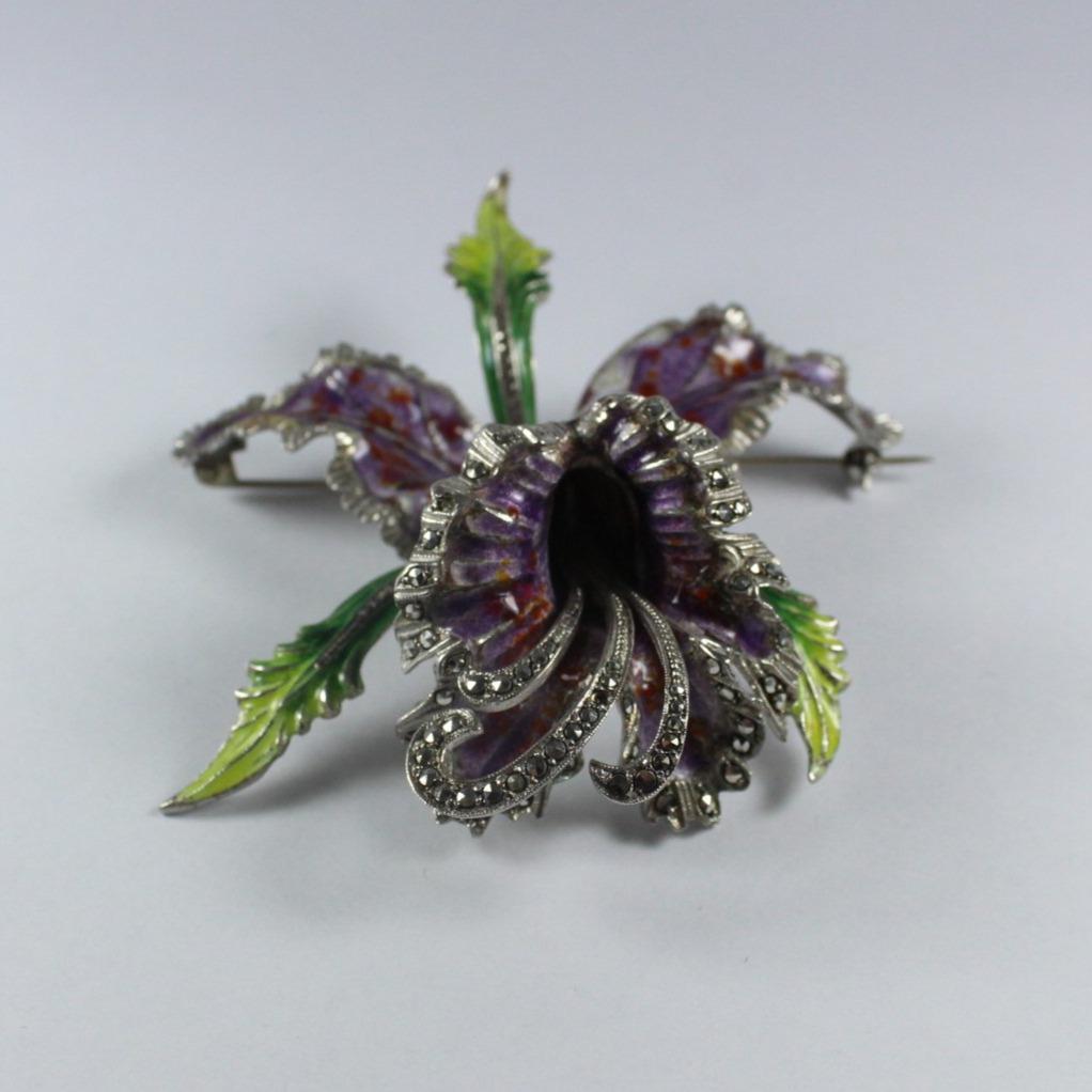 Vintage Sterling Silver Enamel and Marcasite Orchid Brooch
