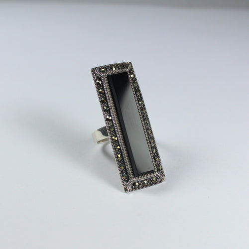 Sterling Silver Black Onyx and Marcasite Cocktail Ring