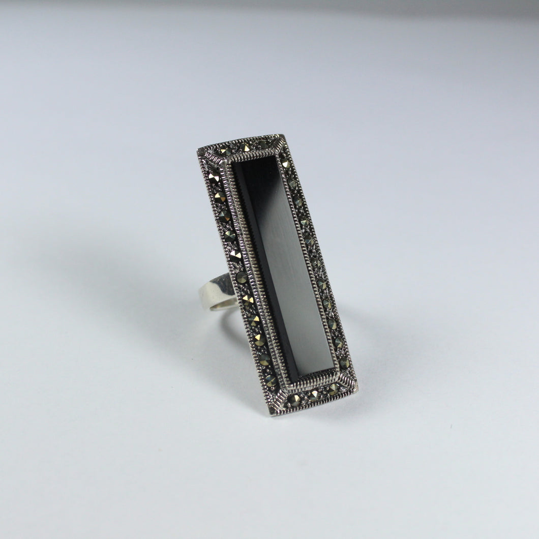 Sterling Silver Black Onyx and Marcasite Cocktail Ring
