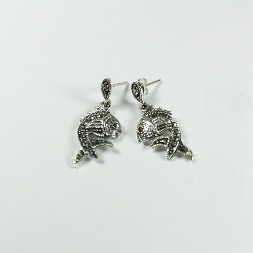 Sterling Silver Marcasite Fish Stud Drop Earrings