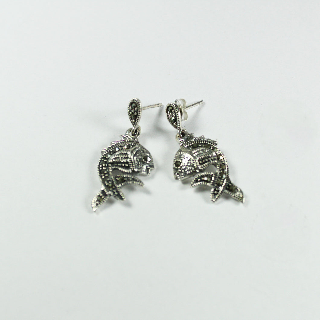Sterling Silver Marcasite Fish Stud Drop Earrings