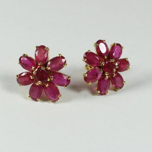 18ct Yellow Gold Floral Cluster Ruby Stud Earrings