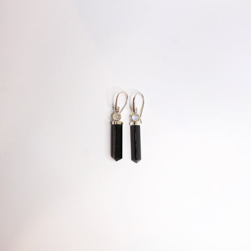 Sterling Silver Moonstone and Black Tourmaline Hook Drop Earrings