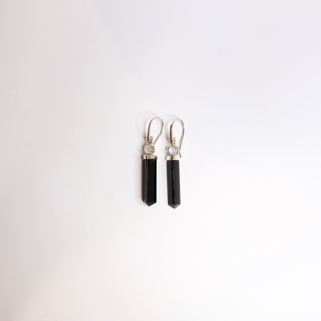 Sterling Silver Moonstone and Black Tourmaline Hook Drop Earrings