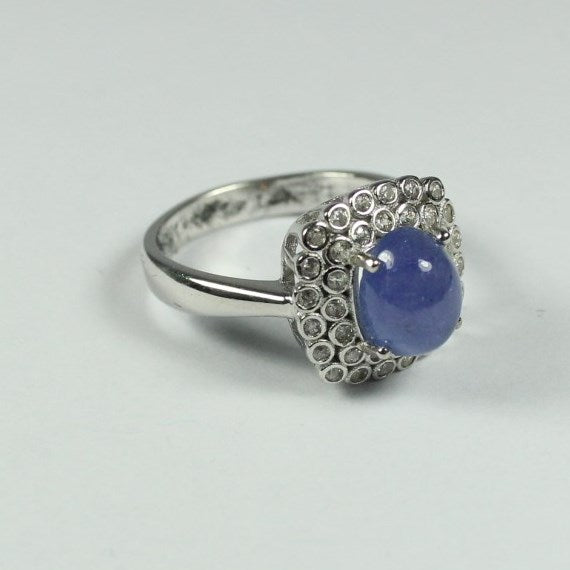 Sterling Silver Cabochon Tanzanite and Cubic Zirconia Ring