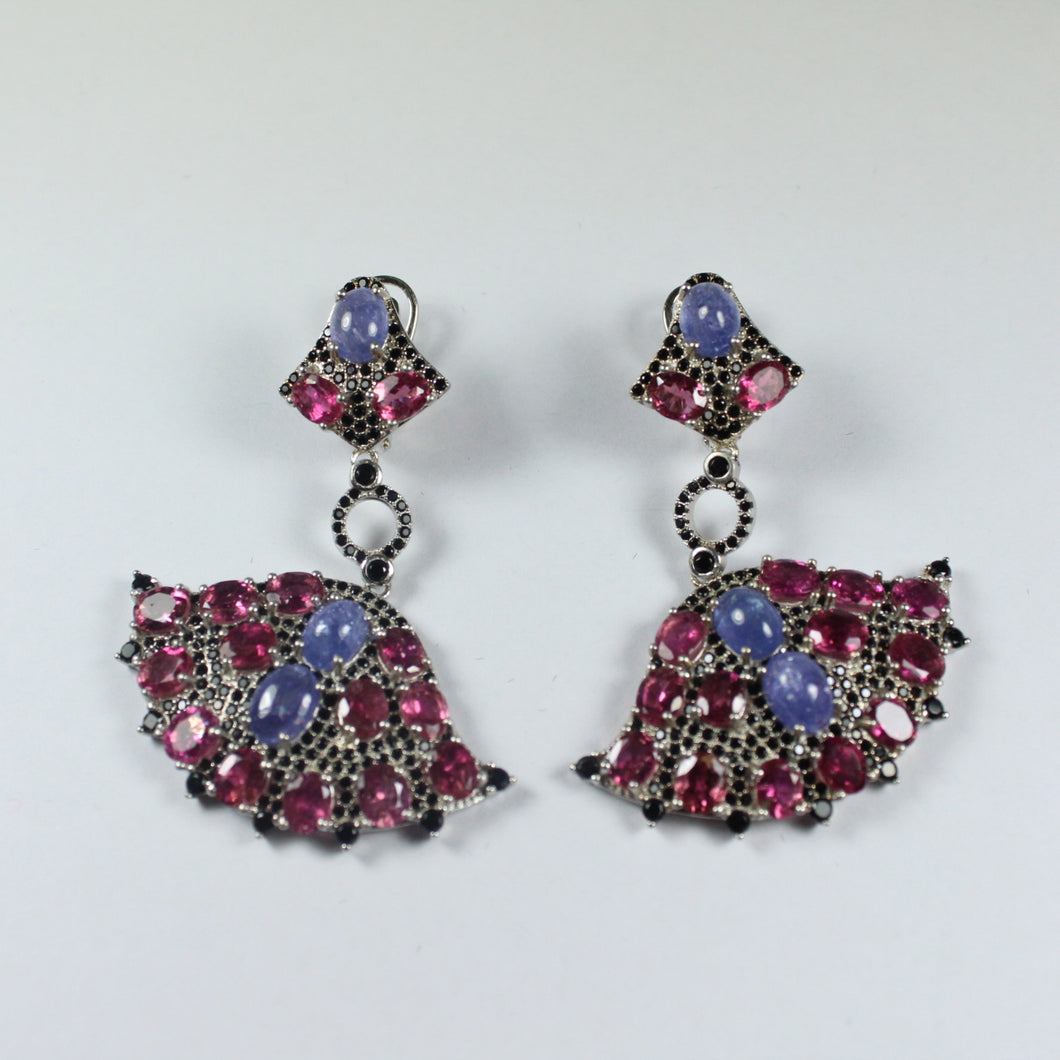 Cabochon Tanzanite, Black Spinel and Pink Tourmaline Earrings