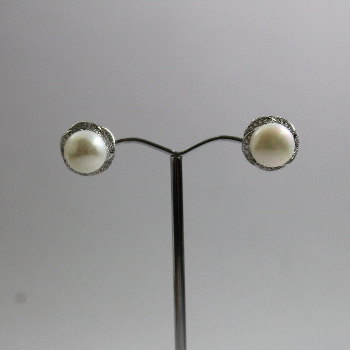 Freshwater Button Pearl and Cubic Zirconia Earrings