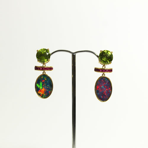 Yellow Gold Black Opal, Peridot and Ruby Earrings