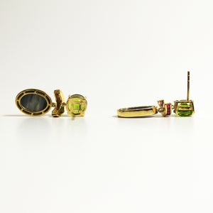 Yellow Gold Black Opal, Peridot and Ruby Earrings
