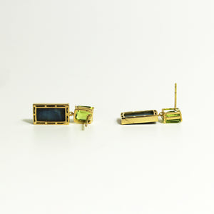 18ct Yellow Gold Black Opal and Peridot Stud Drop Earrings