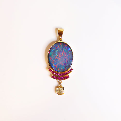 18ct Yellow Gold Black Opal, Ruby and Diamond Pendant