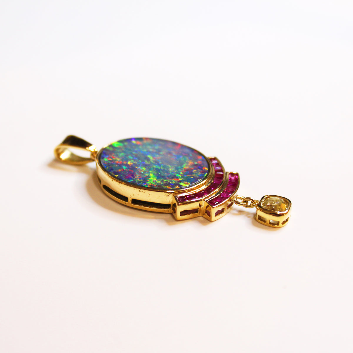 18ct Yellow Gold Black Opal, Ruby and Diamond Pendant
